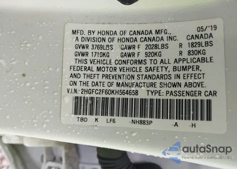 2019 Honda Civic Lx из США, поврежденный, VIN 2HGFC2F60KH564658